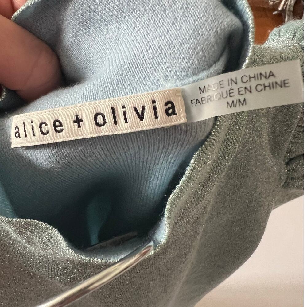 Alice + Olivia Metallic Sage Green Puff-Sleeve Turtleneck Sweater - Picture 3 of 4